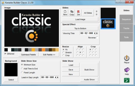 The first screen shown when you start up Karaoke Builder Classic. If you click 'Build Show' you will create a slideshow which draws the Karaoke Builder Classic logo using the selected special effect, in this case 'Top to Bottom'.
