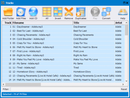 Add, remove and select any tracks from your music library, then play or convert your files.
